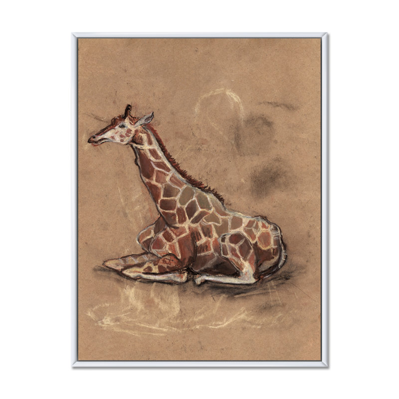 VIntage Giraffe on Brown - Peinture sur toile, H 20 po x l 12 po, Cadre flottant blanc