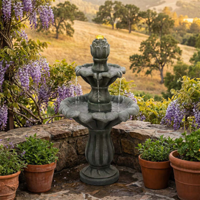 Fontaine d'extérieur pour jardin, résine aspect pierre à 2 niveaux avec lumière DEL, design européen classique en cascade, décor résistant aux intempéries