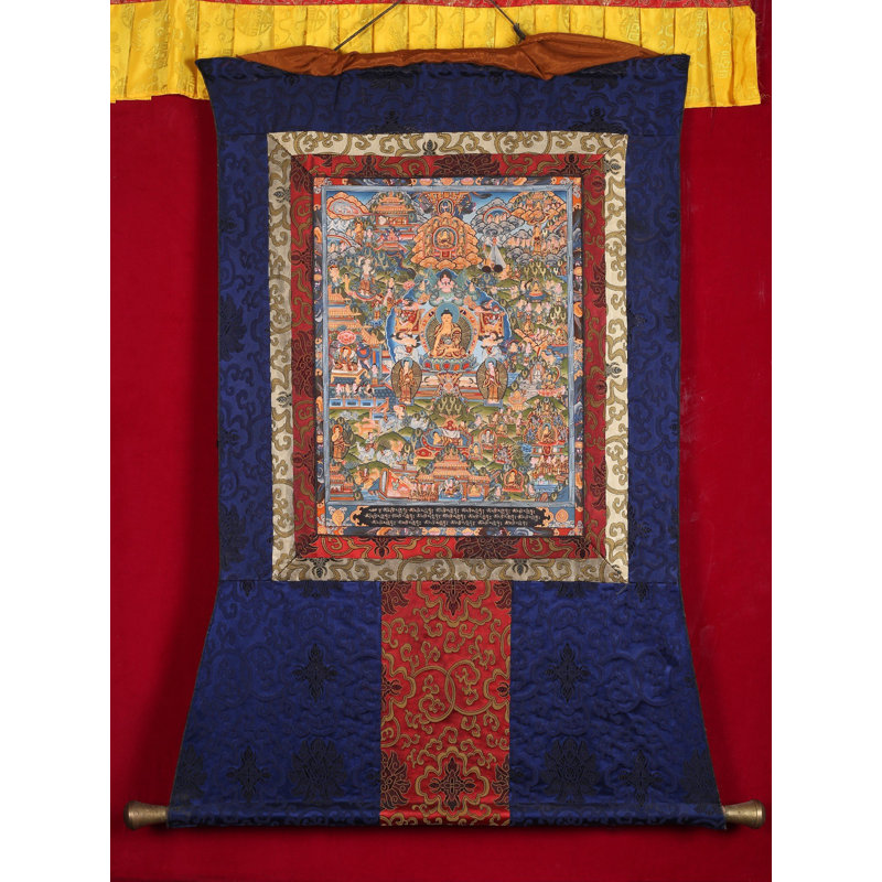 «Life of Buddha», récit de Thangka avec brocart en soie | Décoration murale tibétaine peinte à la main | 12 œuvres d'art spirituel avec or 24 carats pour le sanctuaire du salon