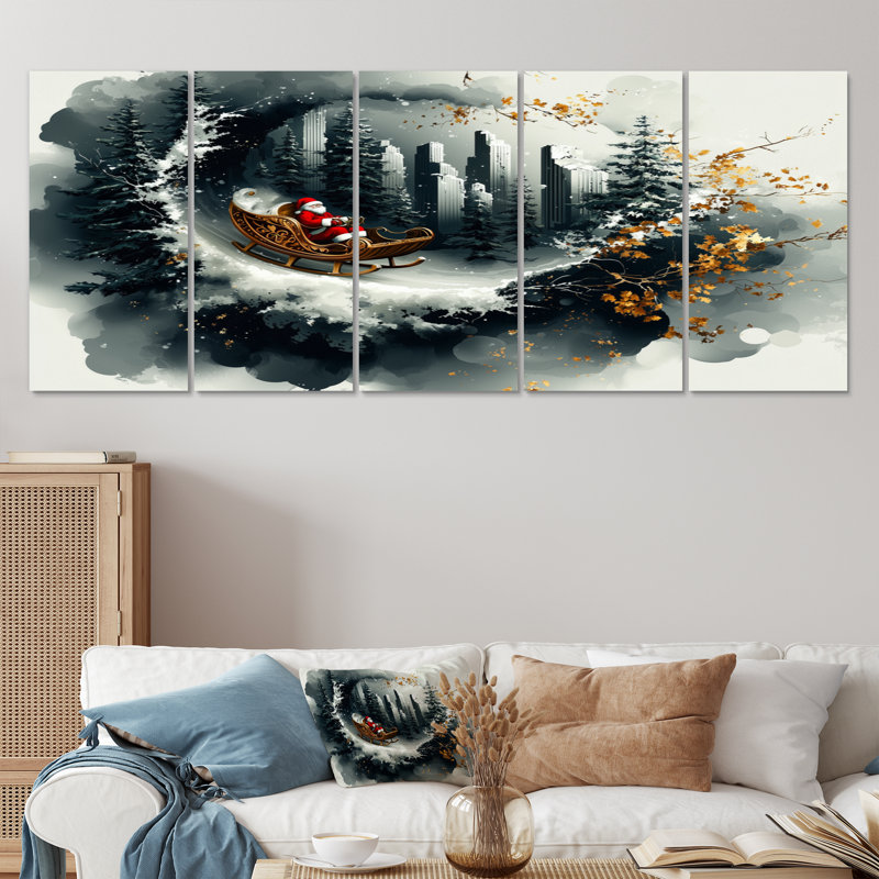 «Red Santa's Christmas Sleigh Ride Fun» - Ensemble de décorations murales père Noël, H 32 po x l 80 po