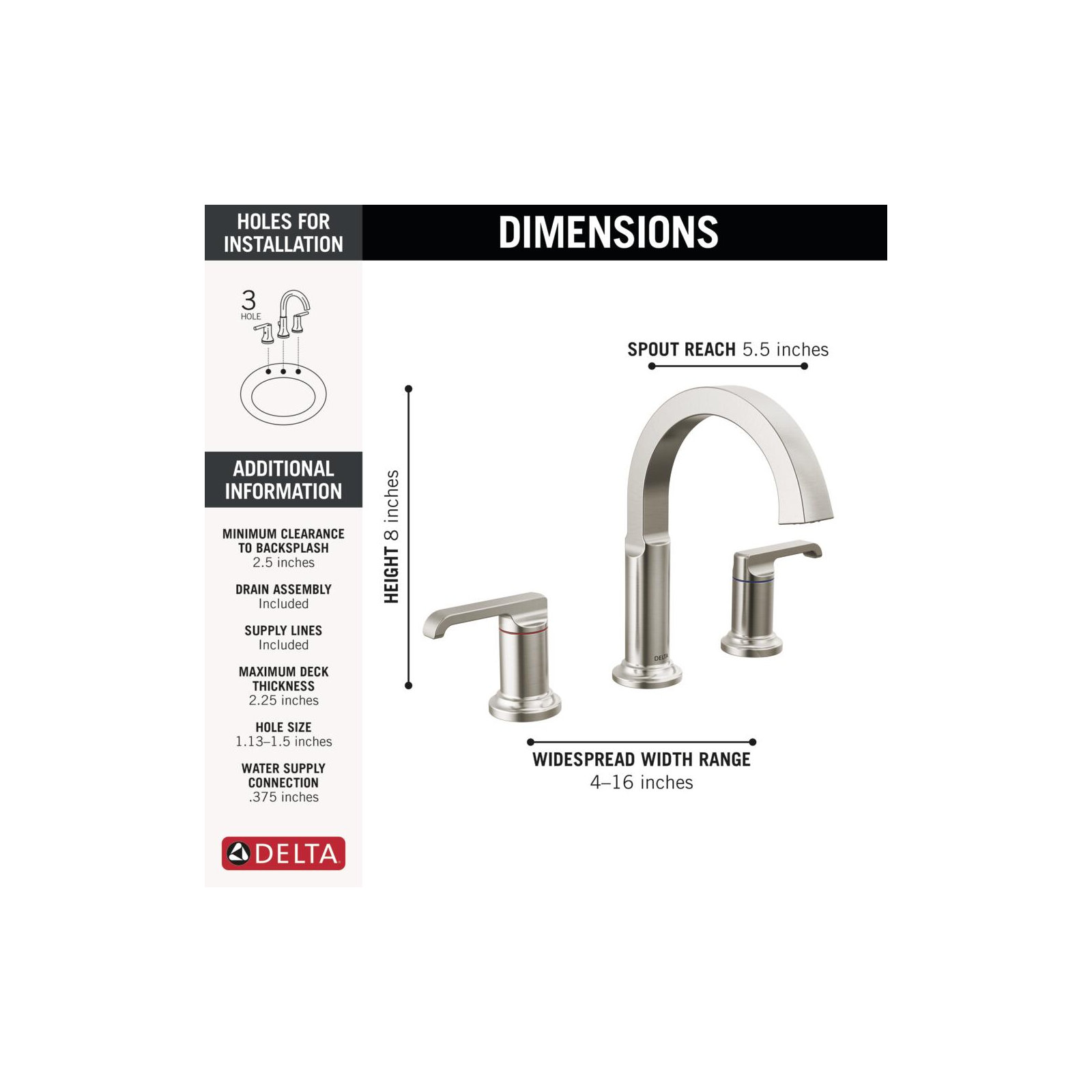 Tetra 3-Hole Widespread Bathroom Faucet, 2-Handle Bathroom Sink Faucet with Drain Assembly, Chrome