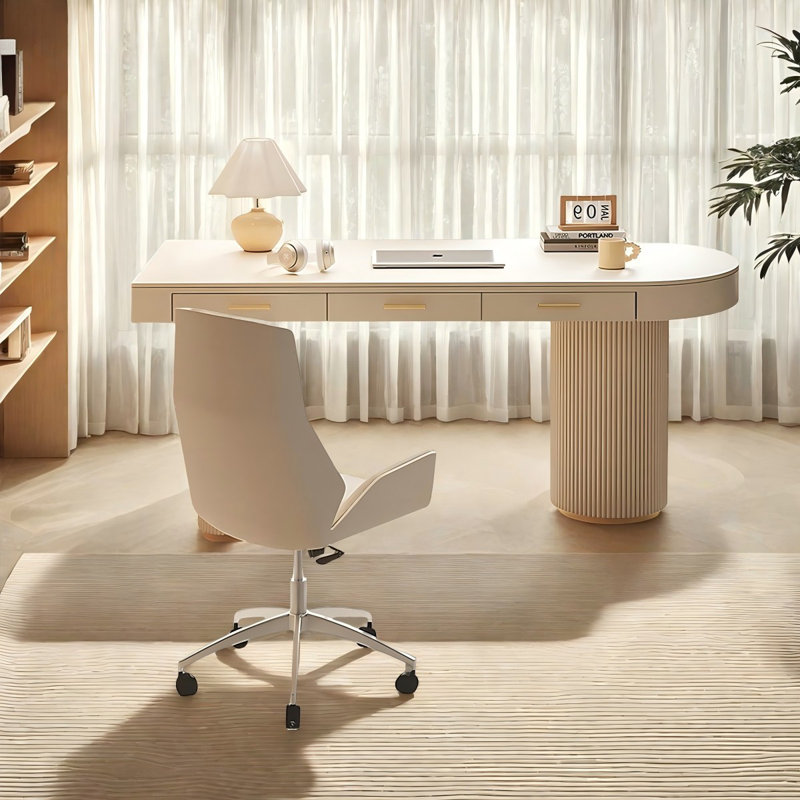 Cream right semicircle desk,3-drawer, 29.53" H x 55.12" W x 27.56" D, Right Hand Return