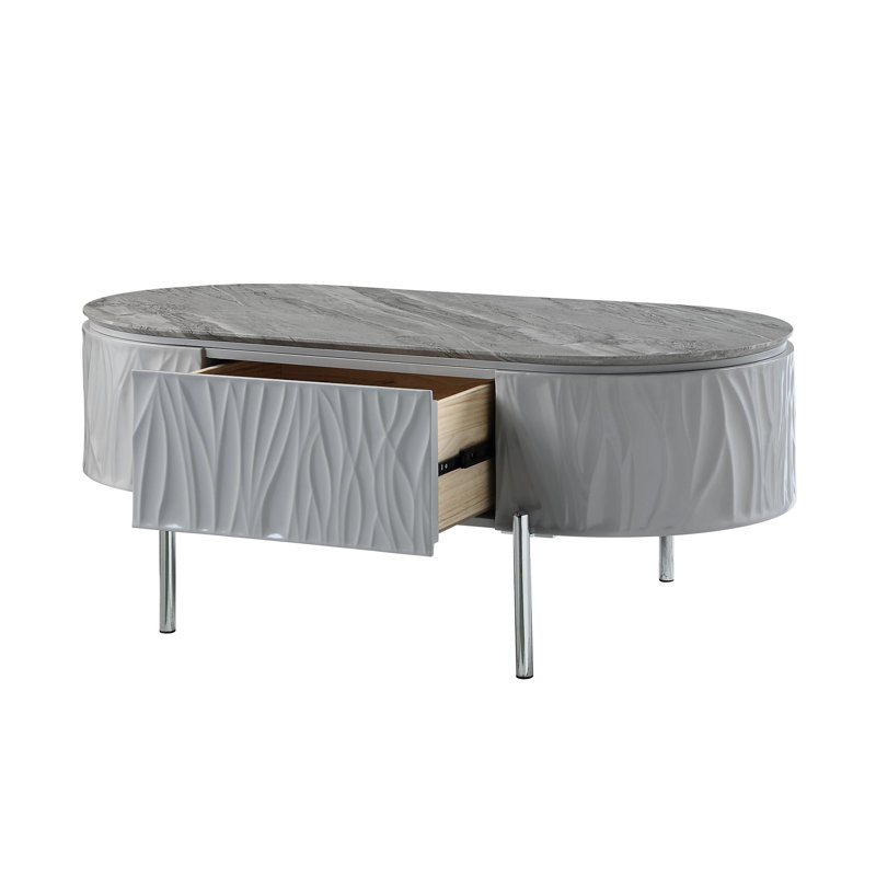 Élégante table basse grise avec plateau ultrabrillant et tiroir