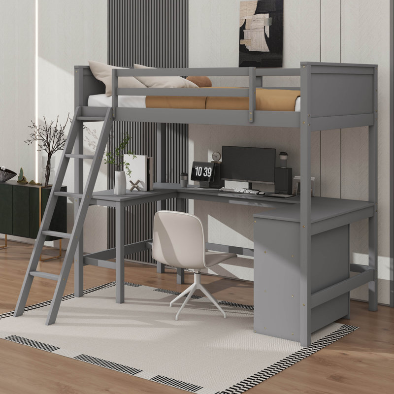 Lit mezzanine simple avec tablettes intégrées et bureau d'étude, structure en bois avec poste de travail, gris