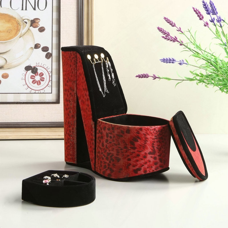 Boîte à bijoux haute 9 po avec crochets, chaussures à talons hauts, imprimé léopard