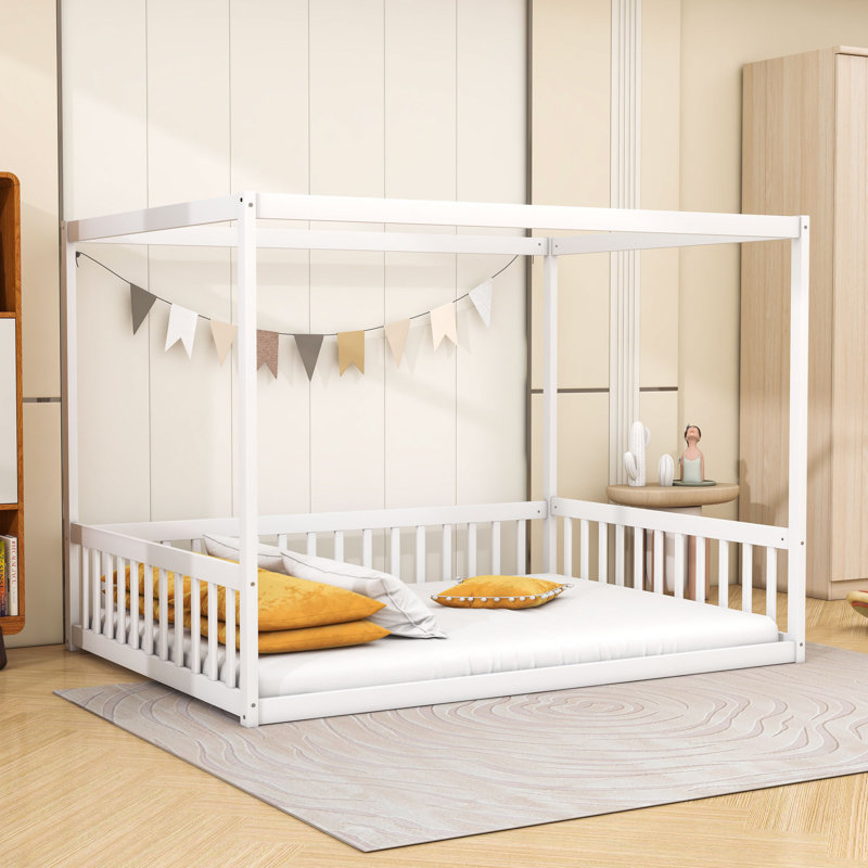 Wooden Canopy Floor Bed With Fence, Full, White