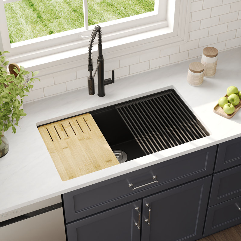 DeerValley 33" x 19" Rectangular Undermount Workstation Single Bowl Quartz Kitchen Sink with Accessories, Matte Black