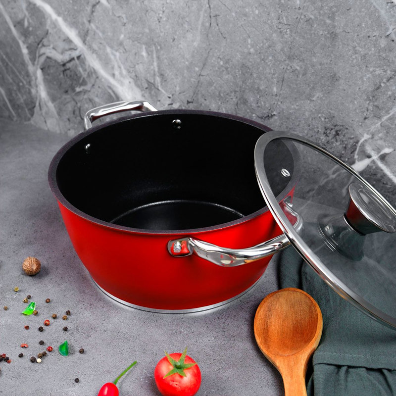 Marmite en aluminium durable, base à induction, 9,4 po x 4,7 po | 100% aluminium, épaisseur: 0,2 po | Va au lave-vaisselle, rouge et noir | pour les cuisinières à gaz et les surfaces de cuisson à induction, polyvalent pour la cuisine