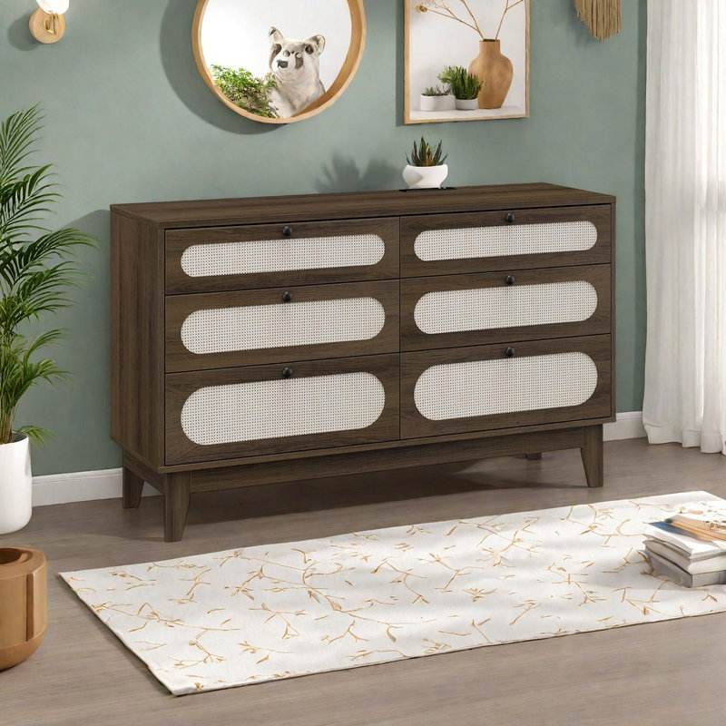 Commode en rotin pour chambre à coucher, commode à 6 tiroirs pour garde-robe, Brun clair