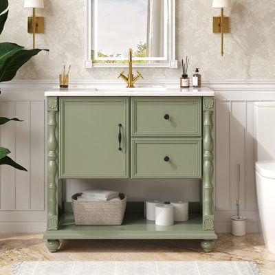 Meuble-lavabo simple 36 po avec lavabo en céramique intégré, tiroir, armoire, tablette ouverte et pieds en bois massif