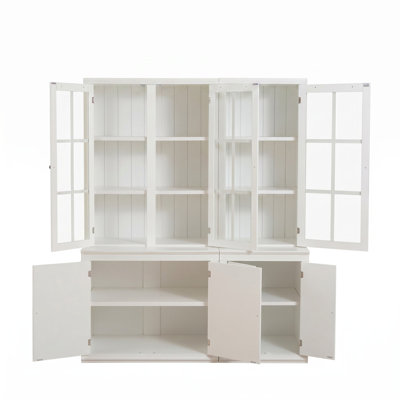 75.25'' Tall Freestanding Pantry Cabinet Set, 60'' Wide White Farmhouse Display Cabinet with Tempered Glass Lattice Doors, Warp-Resistant MDF Storage Wall Suit with Reversible Door for Kitchen, Living Room, Hallway and Office