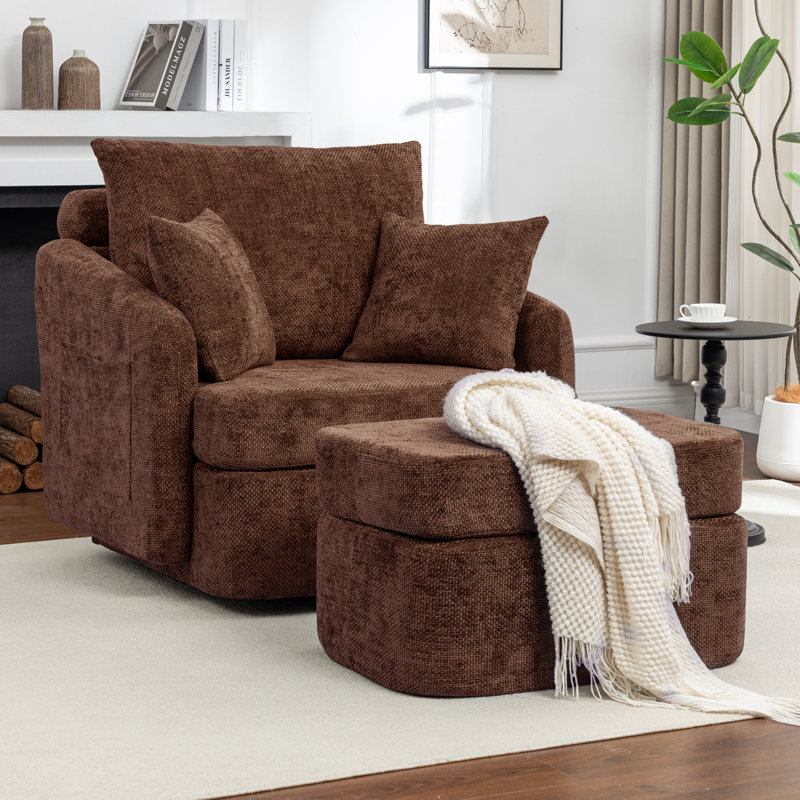 Upholstered Corduroy Swivel Chair With Ottoman, 1, Brown