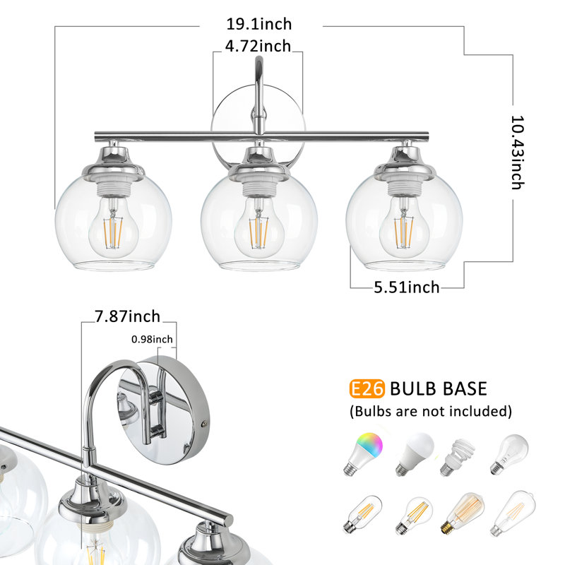 3 Light Dimmable Bathroom Vanity Light  Chrome With Clear Globe Shade, Clear, Chrome