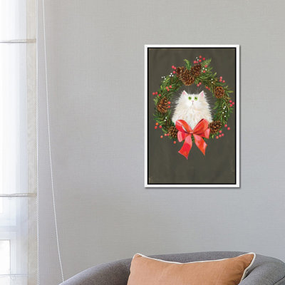 Festive Wreath White Cat 1 Piece Wall Art on Canvas