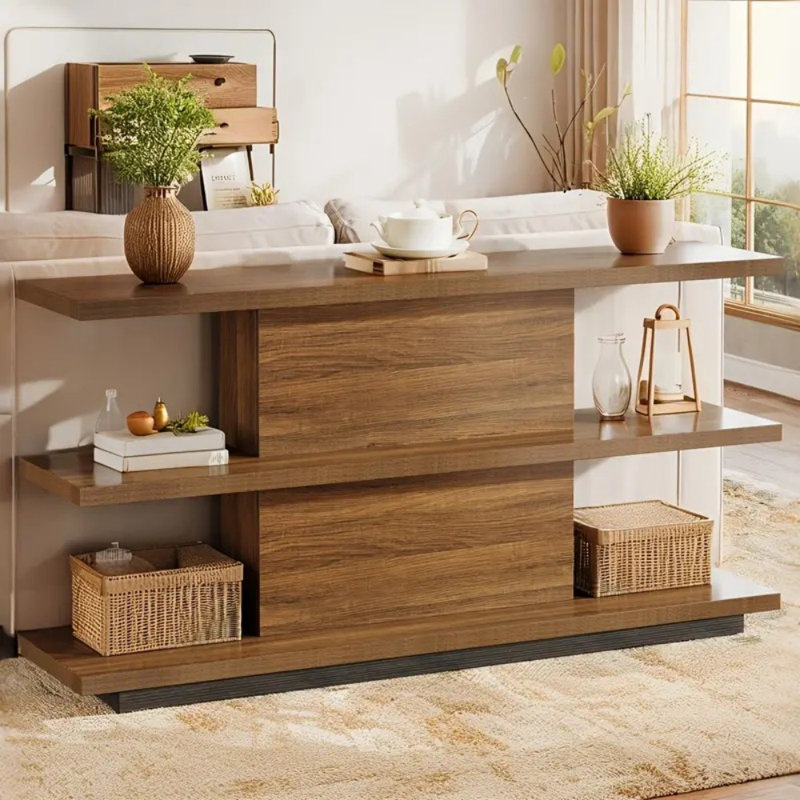 Console rustique 63 po avec 3 tablettes de rangement à 3 niveaux - Canapé d'entrée en chêne robuste pour salon, couloir, chambre à coucher