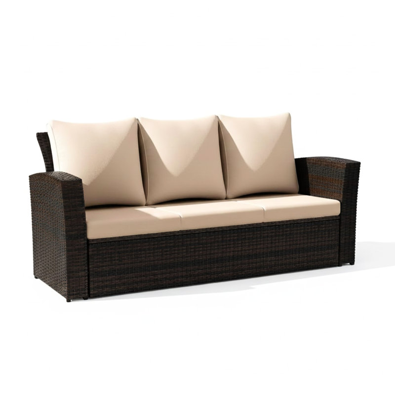 Canapé de patio 3 places tout temps de 172 cm avec coussins beiges, structure en fer noir, idéal pour se détendre au soleil, structure antirouille, coussins épais et parfait pour les jardins, les cours et les patios - Design confortable avec dossier haut, imperméable.