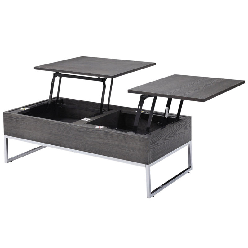 Table basse rectangulaire avec plateau relevable, chêne gris et chrome