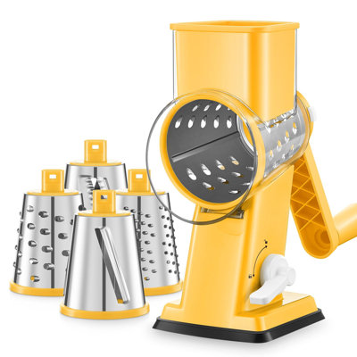 Upgraded Rotary Cheese Grater Hand Crank, Vegetable Shredder Slicer, 4 Blades, Stronger Suction Base, Wider Chute, 18x Faster Cutting, No BPA, (Yellow)