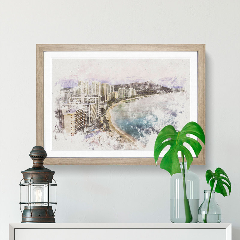 Dusk View Of Waikiki Beach - Single Picture Frame Painting on MDF, 24cm H x 33cm W x 2cm D, Oak Framed