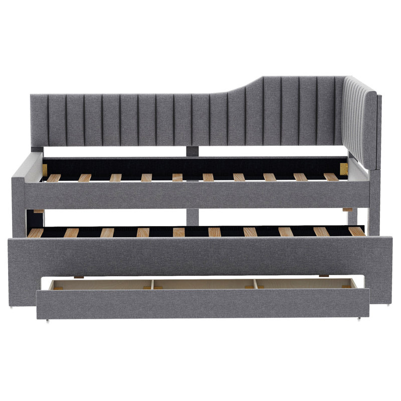 Upholstered Daybed with Trundle and Nailhead Trim, Grey, Twin