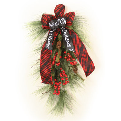 Long Needle Pine Swag with Weathered Red Berries with Ribbon