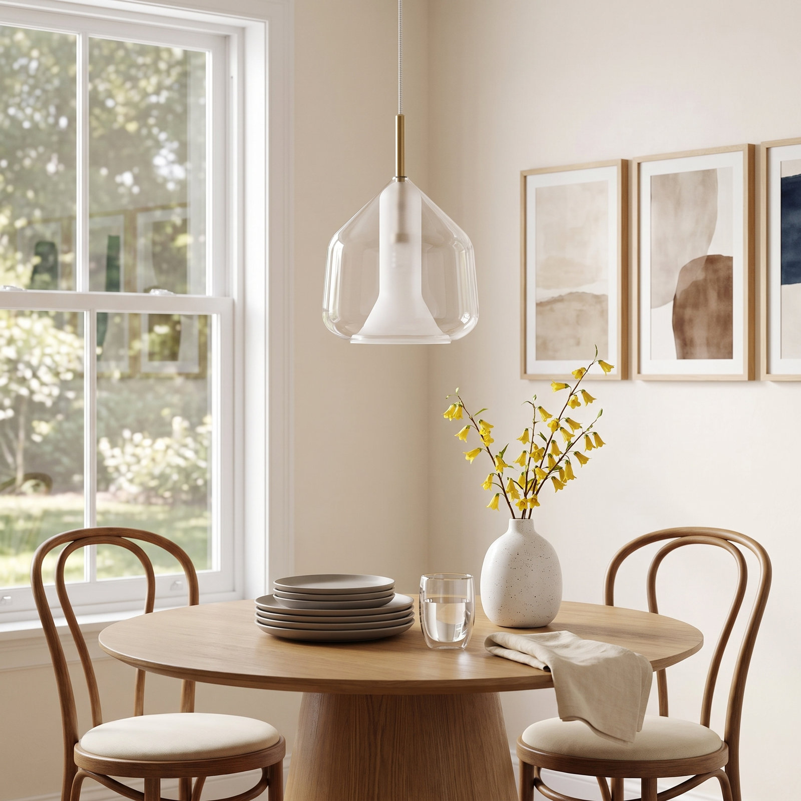 Ryia Single Light Glass Steel Dimmable Pendant, Satin Brass, Clear