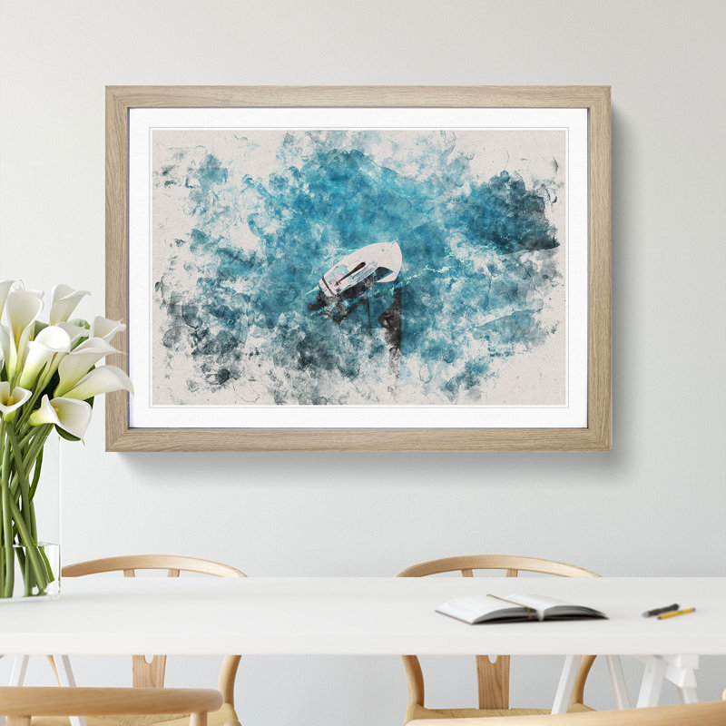 Scow Boat out Sailing Watercolour - Picture Frame Graphic Art, 27cm H x 36cm W x 2cm D, Oak