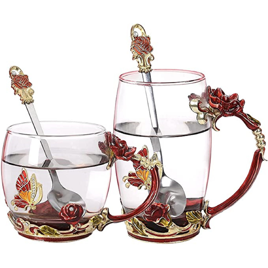 Coffee Cup Tea Mug With Spoon Set Handmade Enamel Butterfly Flower For Women (2 Pack) QXXSJ 