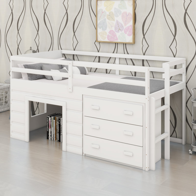 Lit mezzanine avec armoire intégrée et tablettes, Blanc