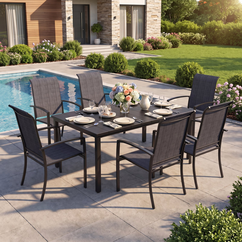 6-Person Rectangular Patio Dining Set With Stackable Textilene Chairs, Black/Black
