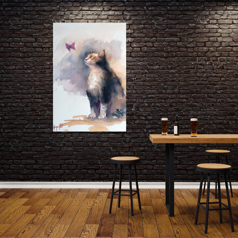 «Curious Cat and Butterfly Playful Contemporary Butterfly Cat Nature Portrait», reproduction d'art mural, 60" H x 40" W