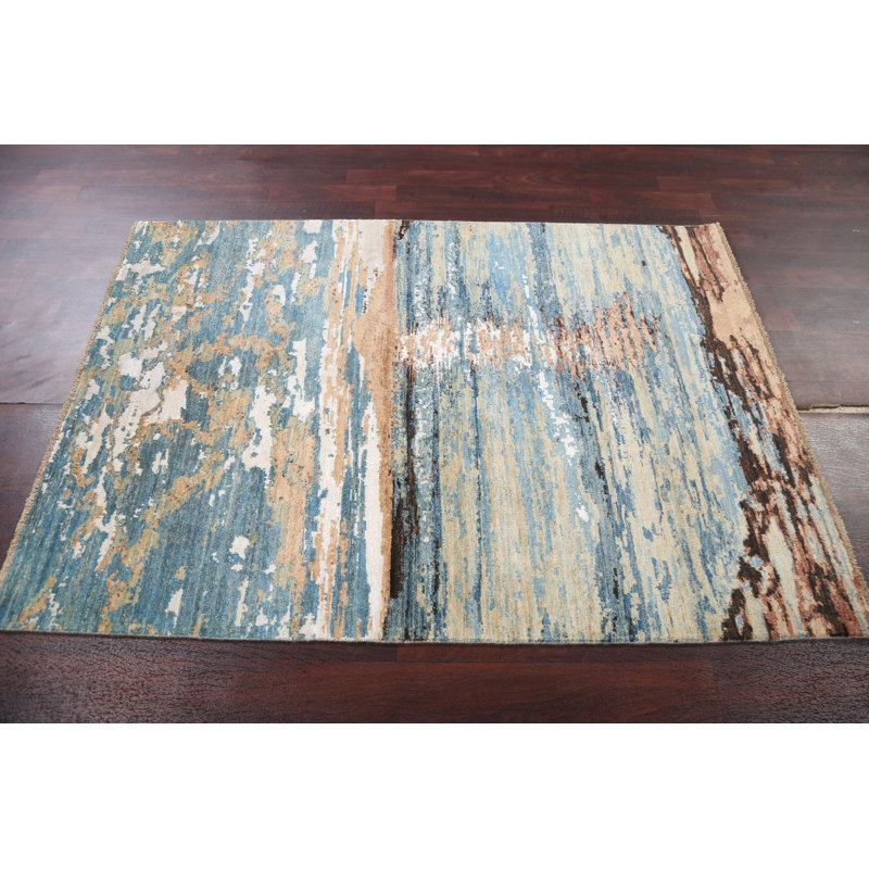 Tapis en laine / soie à motif abstrait végétal noué à la main 4 x 6