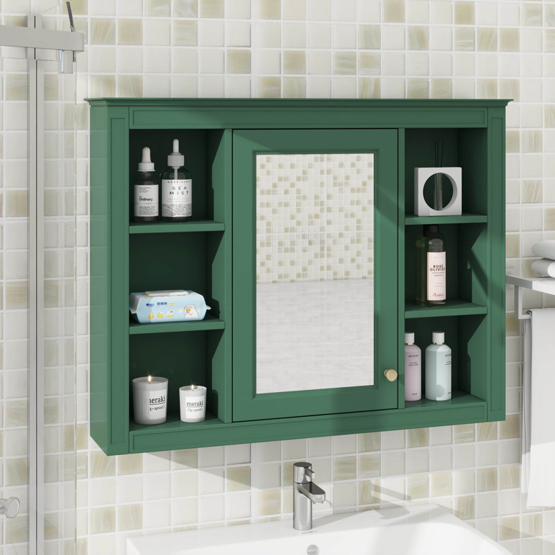 Armoire à pharmacie murale, armoire de rangement de salle de bain avec porte miroir et 6 tablettes ouvertes réglables, Vert