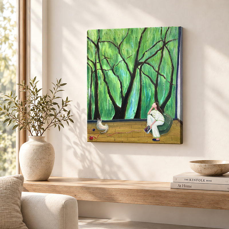 «Woman in Green Forest», art mural sur toile, 10"H x 8"W, Structure en chêne