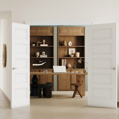 Ensemble de porte intérieure blanche à 5 panneaux avec cadre et quincaillerie argentée, porte double pré-moulée compatible