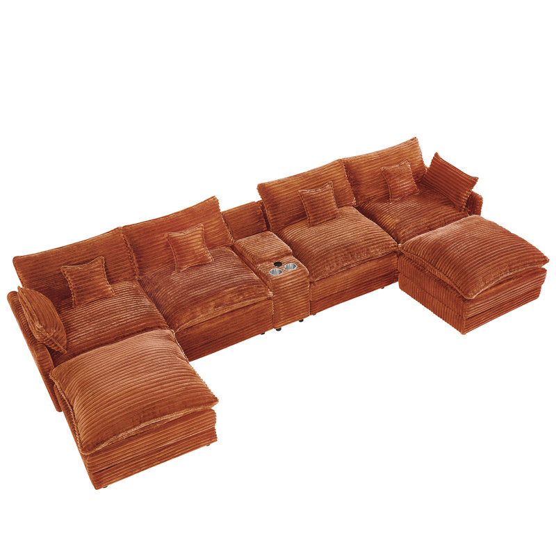 Canapé modulaire en U 7 pièces avec console centrale et chargement USB Corduroy, Velours côtelé orange