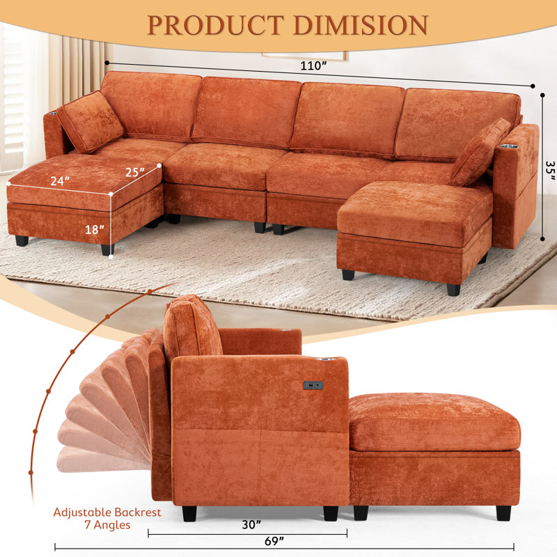 110" U-Shape Sectional Sofa W/Adjustable Backrests, 6-Seat Modular Couch W/Ample Storage Space, Chenille Upholstered Sofa W/Usb Port & Cup Holders For Livingroom, Bedroom