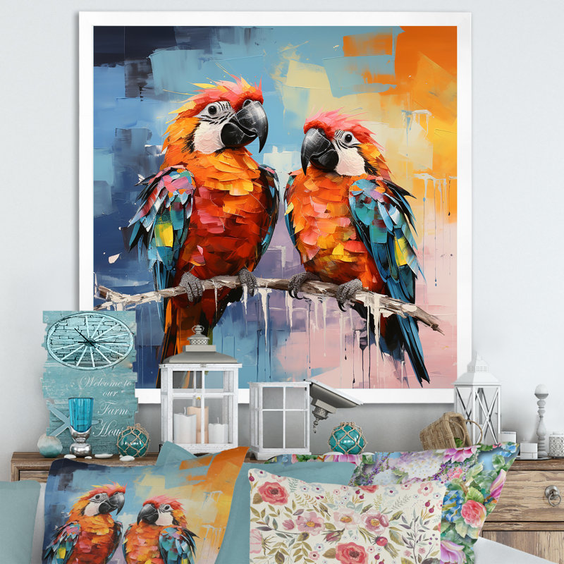 «Vibrant Duets Parrots I» sur toile, Cadre simple blanc, H 30 po x l 30 po x P 1 po