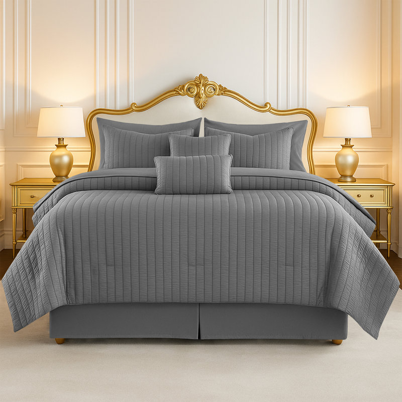 10 Pcs MF Comforter Set Bed in a Bag for All Seasons Seersucker Lightweight Comforter Set with Sheets, Gray