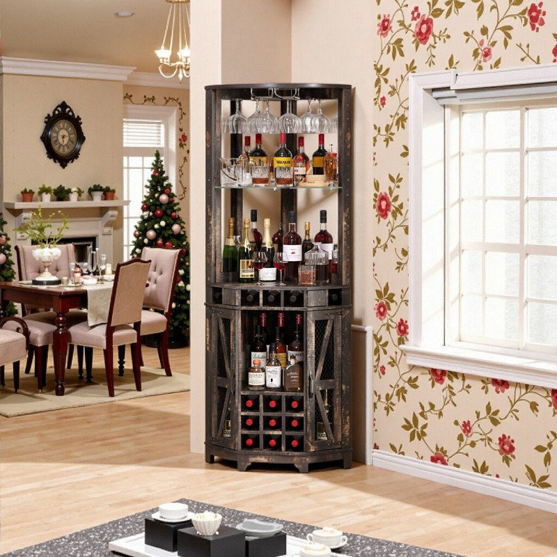 72" Tall Corner Bar Storage Cabinet With Barn Door Engineered Wood Wine Cabinet With Acrylic Mirror And Glass Rack