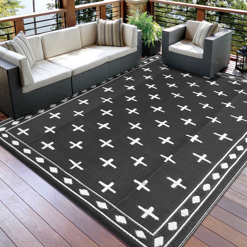 Geometric Reversible Outdoor Rug Waterproof Plastic Straw Patio Carpet for Deck, Porch, Garden, Camping, Balcony, RV, Beach, Picnic