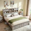 Structure de grand lit de style campagnard avec 2 tiroirs sous le lit, tête de lit avec 2 tiroirs de chevet et tablettes ouvertes, station de charge incluse-223751088-227361867
