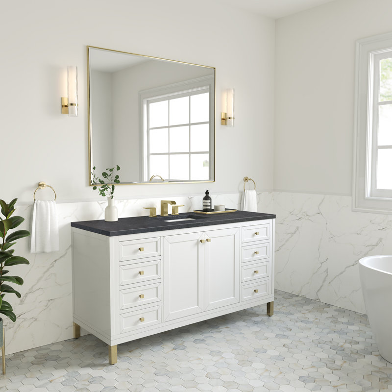 Chicago 60'' W Double Vanity, Charcoal Soapstone, Glossy White, 8" Widespread