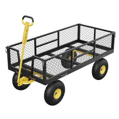 900 LBS Garden Cart on Wheels with Adjustable Handles, Heavy Duty Steel Garden Wagon with Removable Mesh Sides to Convert into Flatbed, Wagon Cart for Lawn Farm Yard