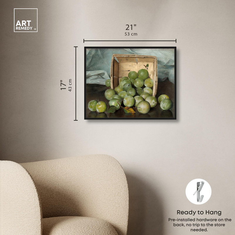 Art rétro sur toile, prune verte, Art Remedy, 1885, H 21 po x l 17 po, Cadre flottant noir