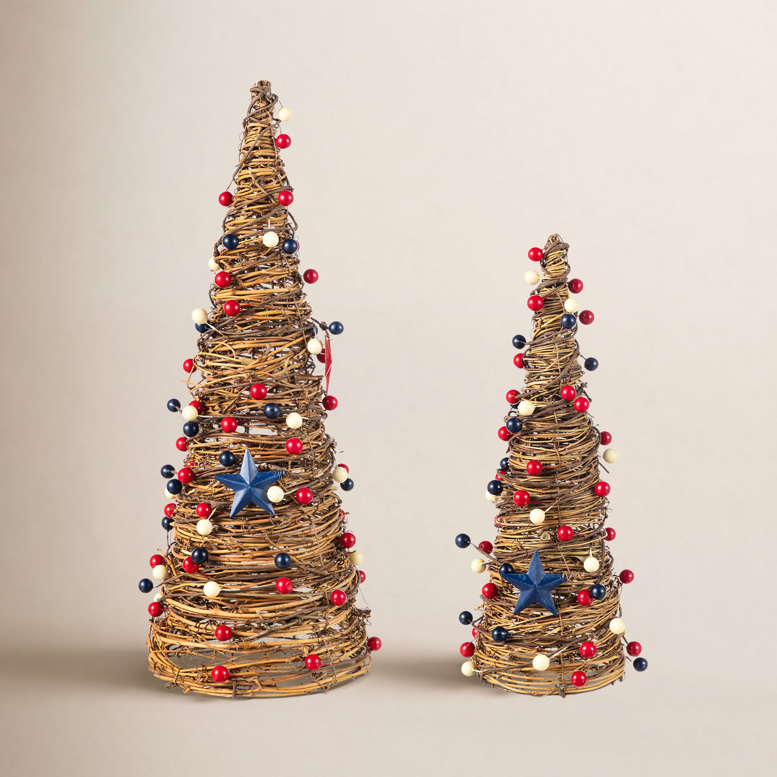Set Of 2 Patriotic Rattan Cone Trees With Stars & Berries - Table Decor
