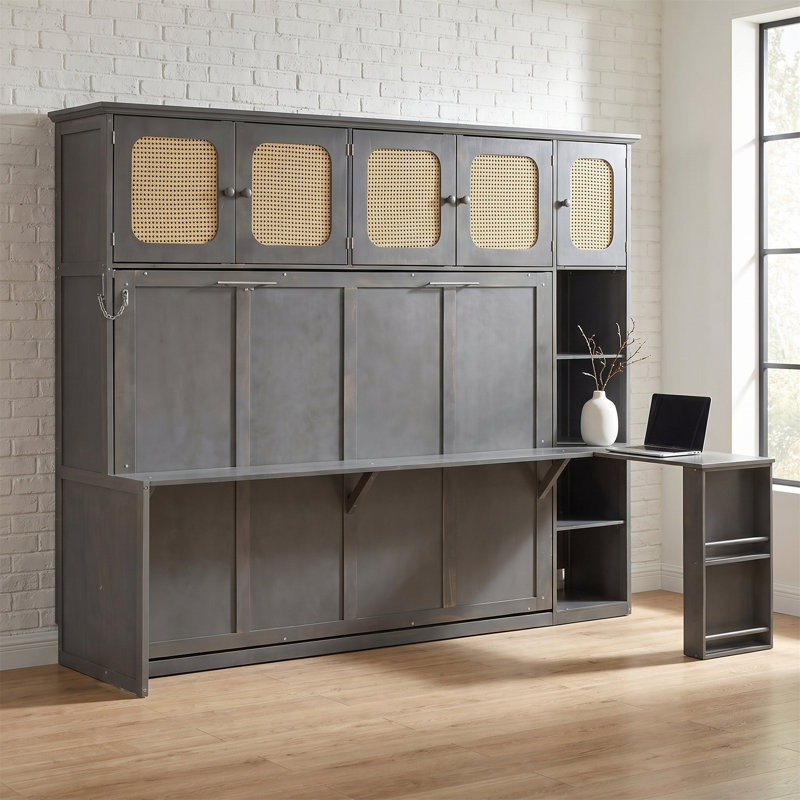 Lit escamotable double gris antique avec bureau et armoire en rotin, convenant à la maison et au bureau