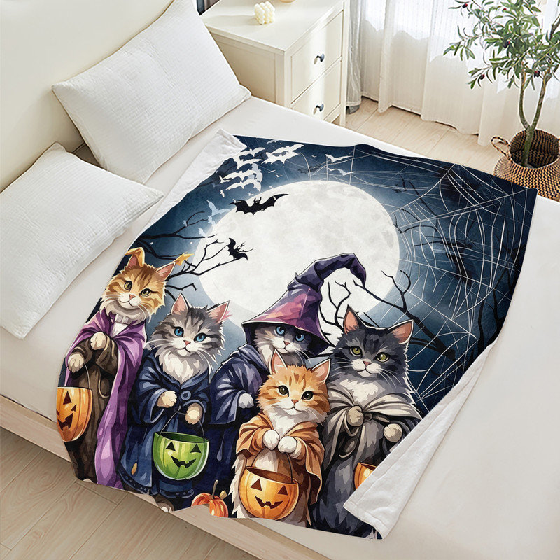 Plaid en flanelle polaire JYK Halloween, léger, respirant, doux et chaud en microfibre pelucheuse, 127 x 152 cm, Chats Sorciers et Lune