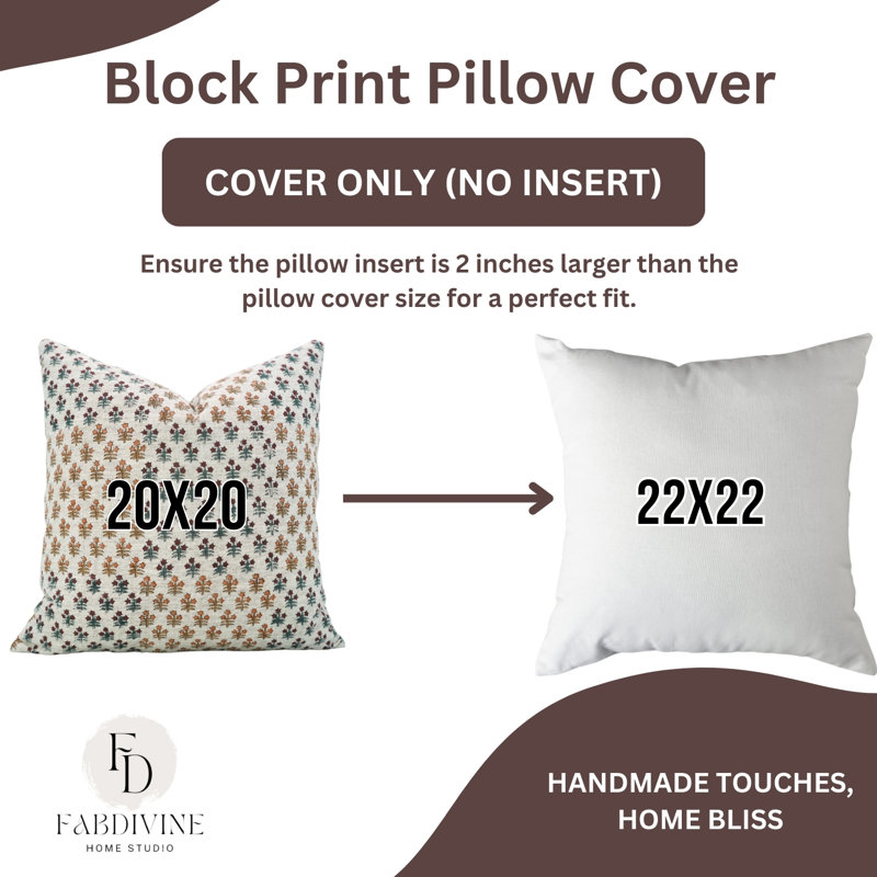 Fabdivine Handcrafted Cotton Pillow Cover with Block Print Design- Kesariya, 22"H x 22"W