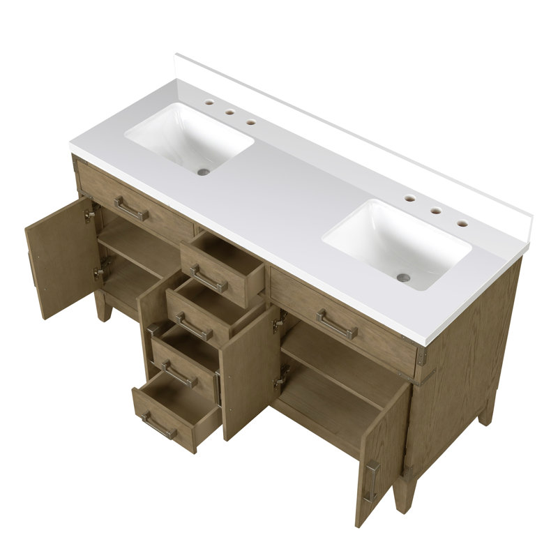Meuble-lavabo double en chêne gris, comptoir en quartz, corps principal en bois massif, conception à fermeture en douceur, tablette ouverte, espace de rangement supplémentaire avec comptoir poli et scellé, structure,